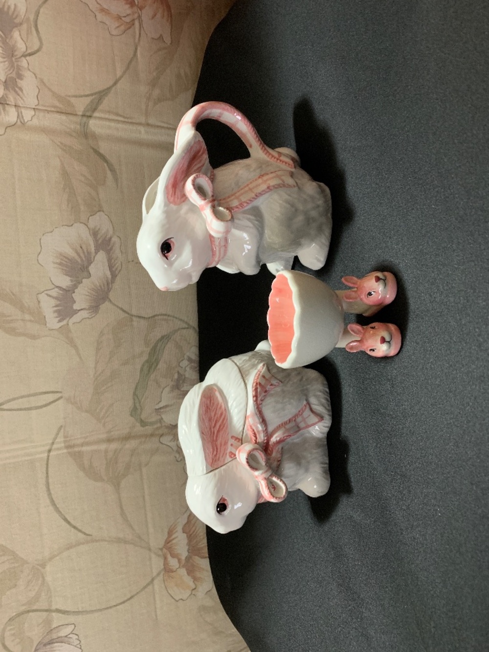 Three (3) Ceramic Bunnies Bunny Rabbit Items - Creamer, Covered Sugar & Egg Cup